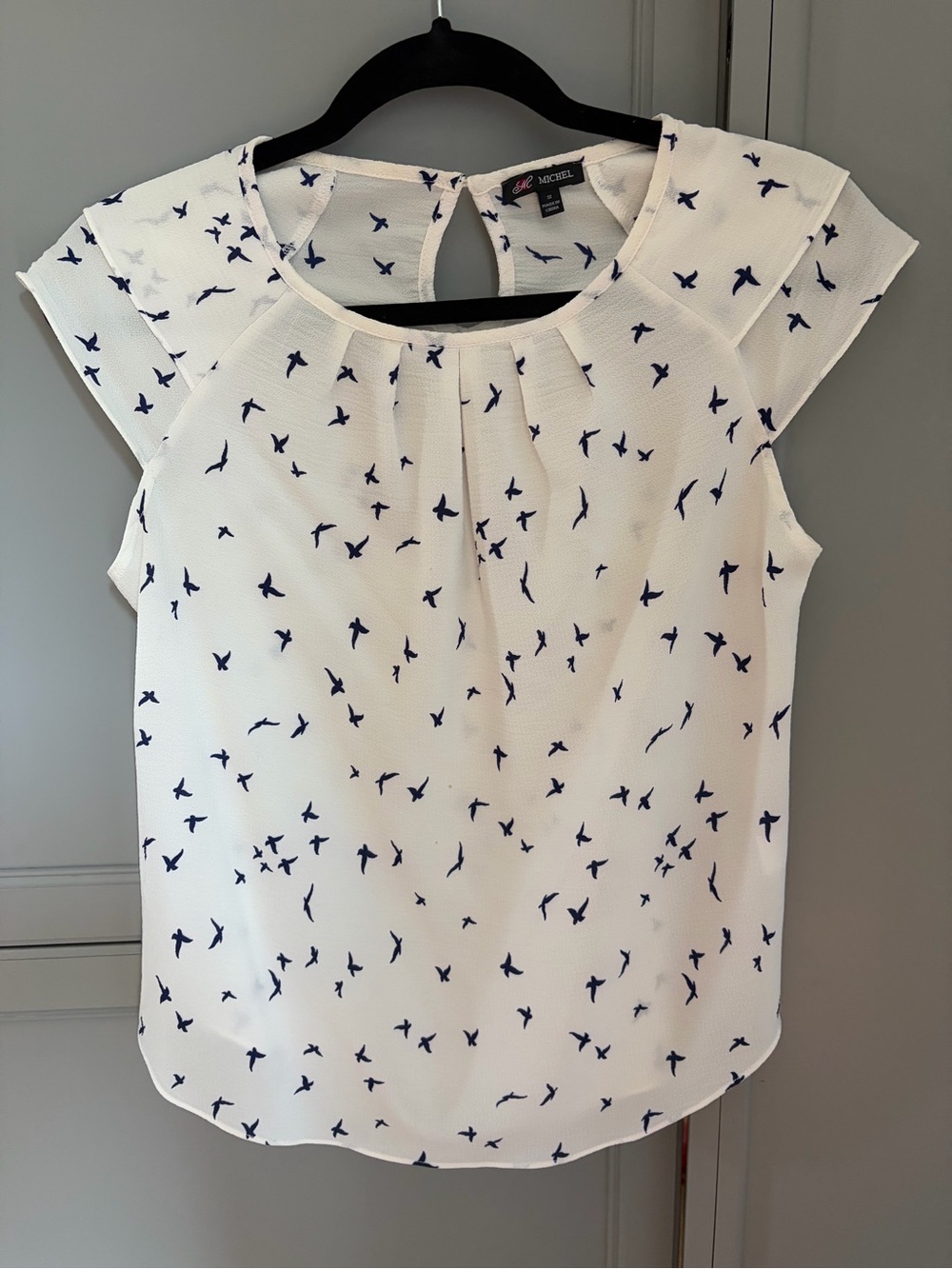 Michele White Blouse with Navy Bird Print